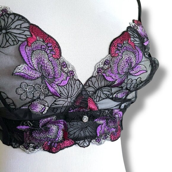 Adore Me Emilie Bralette 1X Black Floral Embroidered Sheer Mesh Wire Free Bra - Picture 5 of 9